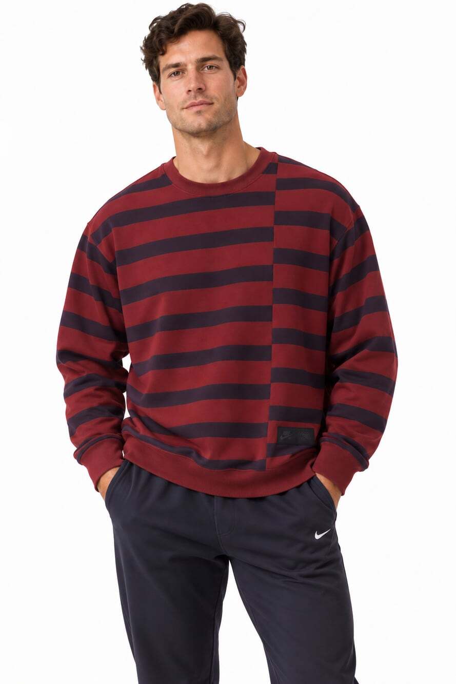 Nike Men's Red Navy Striped Asymmetrical Panel Crewneck Sweatshirt (Size XL)